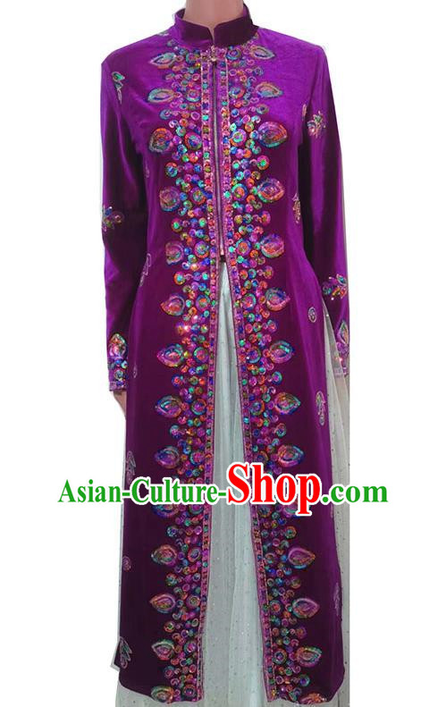 Purple Chinese Xinjiang Dance Costumes Gold Velvet Embroidered Sequins Long Vest