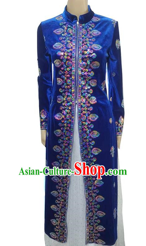 Blue China Xinjiang Dance Costumes Gold Velvet Embroidered Sequins Long Vest