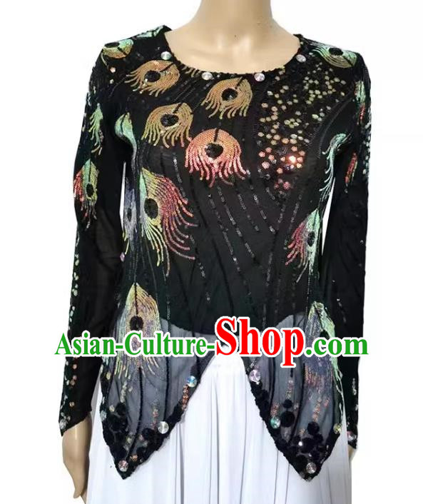 Black Chinese Xinjiang Dance Dress Mini Sharp Horn Vest Double Layer T-shirt with Sequin Phoenix Tail High Elastic Shining Four Seasons