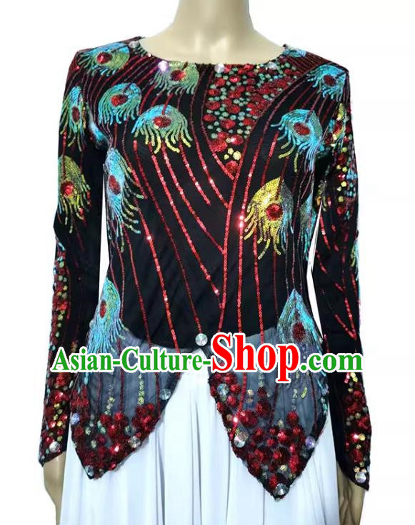 Black Chinese Xinjiang dance costume mini pointed vest double-layered t-shirt sequined phoenix tail high elastic shiny four seasons