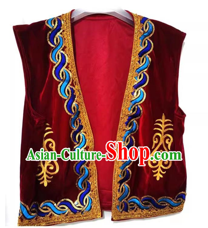 Wine red Chinese Xinjiang dance costume men vest