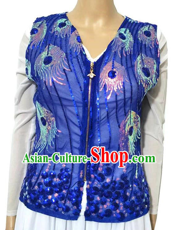 Sapphire blue Chinese Xinjiang dance sequined sari stage performance ethnic style vest short style