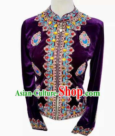 Purple Chinese Xinjiang dance stage performance with diamond velvet top