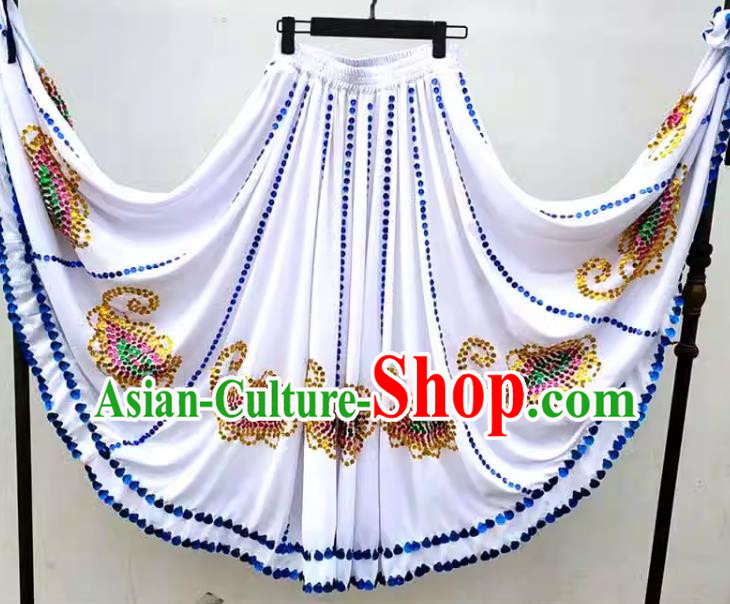 White Chinese Xinjiang Dance Uyghur Maixilipu Stage Square Dance Ethnic Characteristics Pure Handmade Sequin Large Swing Skirt