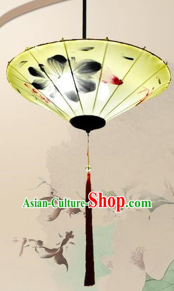 Chinese Palace Lantern Hand Painting Lotus Koi Lantern Traditional Ceiling Lamp