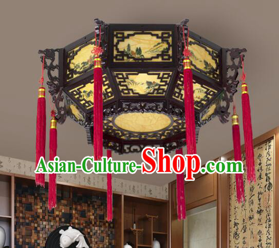 Chinese Wood Large Palace Lantern Hand Painted Landscape Ceiling Lantern