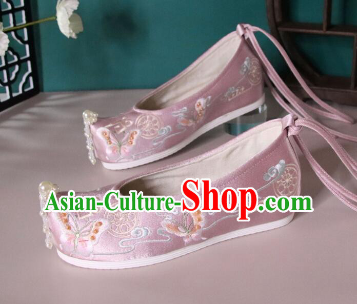 Chinese Hanfu Shoes Pink Satin Embroidered Shoes Ancient Princess Shoes