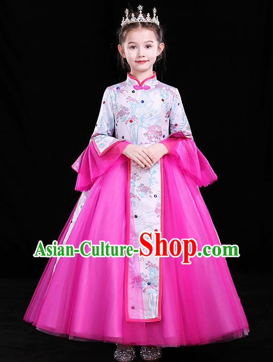 Top Girl Compere Full Dress Catwalks Megenta Veil Costume Children Modern Fancywork Clothing Chinese