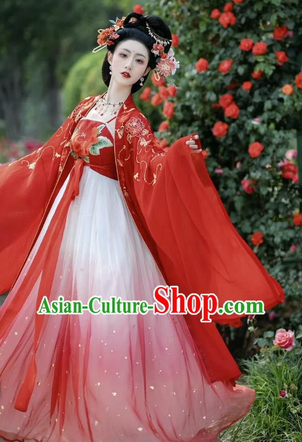 China Tang Dynasty Court Empress Costumes Ancient Goddess Red Dress Clothing