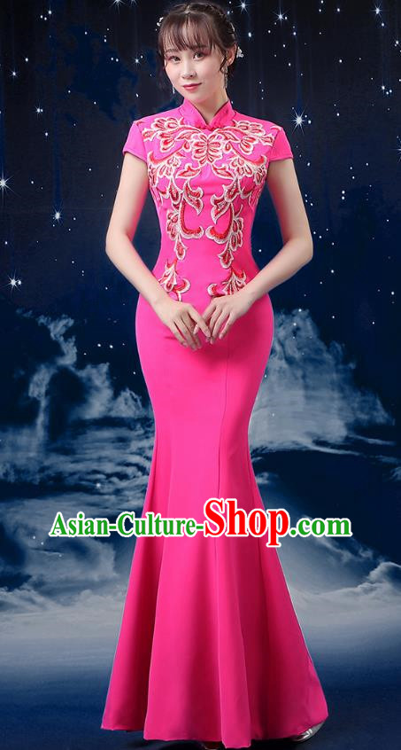 Pink Choir Costume Femininity Stage Performance Costume Conductor Catwalk Cheongsam Skirt Fishtail Blue and White Porcelain Dress