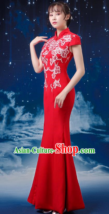 Red Choir Costume Femininity Stage Performance Costume Conductor Catwalk Cheongsam Skirt Fishtail Blue and White Porcelain Dress