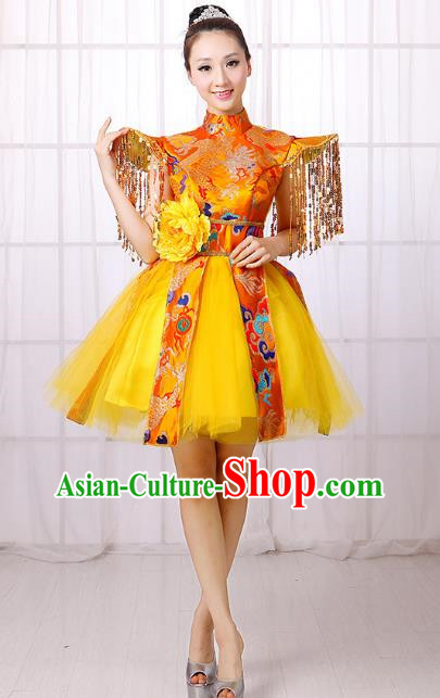 Yellow Chinese Style Allegro Dance Costume Adult Water Drum Modern Dance Square Dance Dress Drumming Costume Female