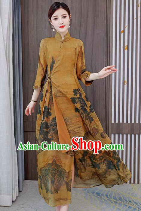 Chinese National Cheongsam Stand Collar Qipao Printing Aodai Dress