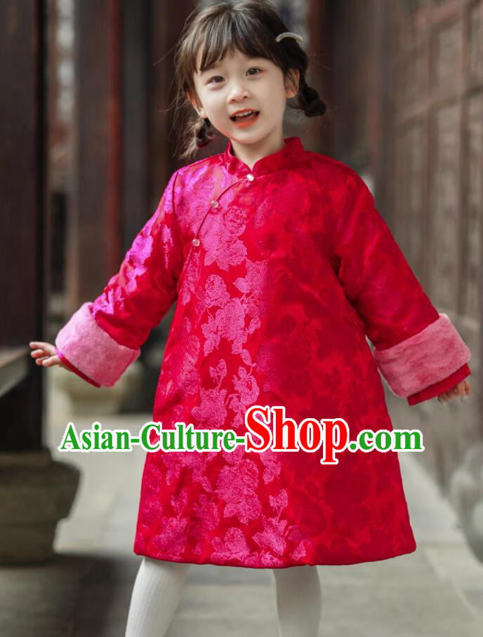 Winter Children Qipao Warm Cheongsam China Rosy Dress Traditional Chinese Clothing