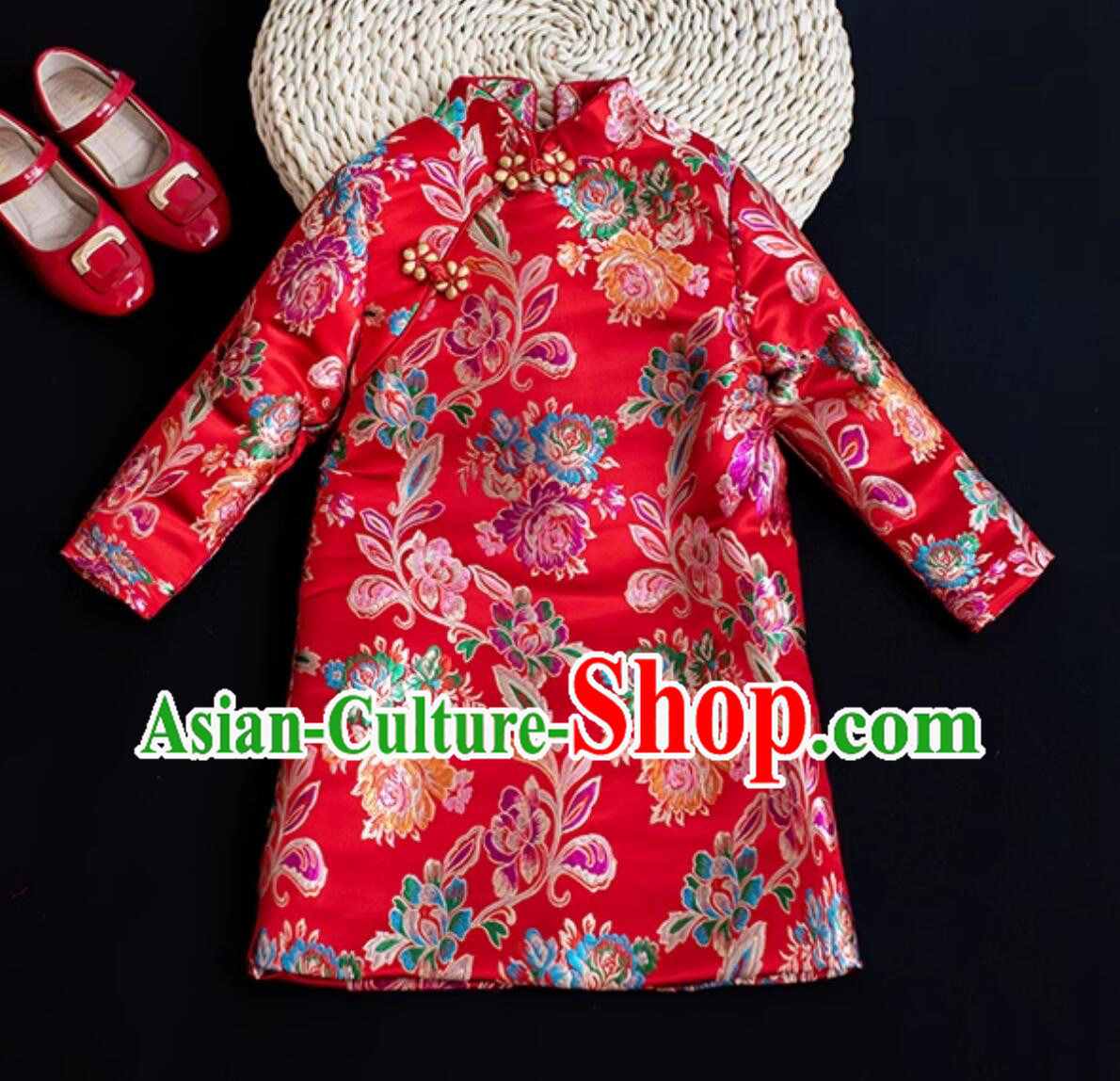 Traditional Chinese Clothing Children Qipao Red Brocade Cheongsam China Classical Dress