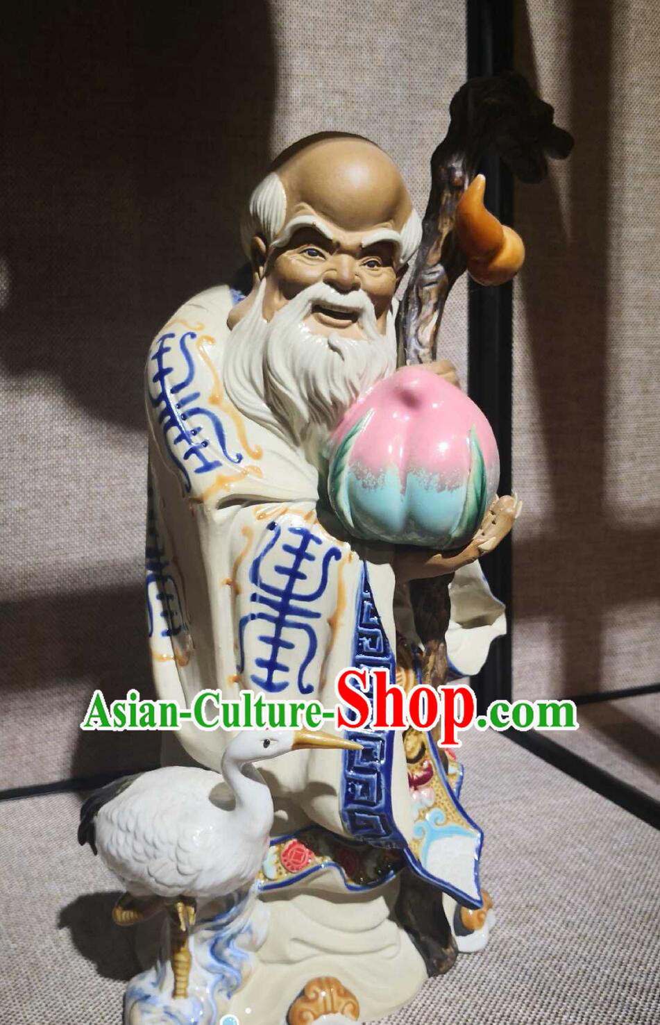 Chinese God of Longevity Figurine Shiwan Ceramic Statue Traditional Handmade Sculpture