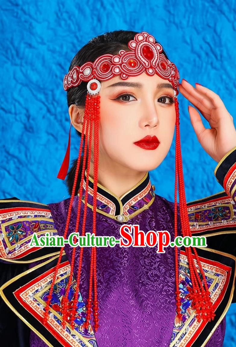 Mongolian Ladies Green Forehead Ornaments Ethnic Minority Style Headdress Bridal Beaded Forehead Pendant