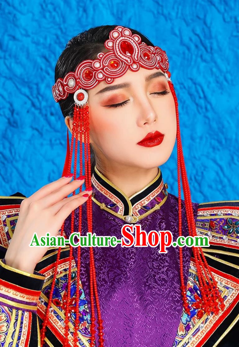 Mongolian Ladies Green Forehead Ornaments Ethnic Minority Style Headdress Bridal Beaded Forehead Pendant