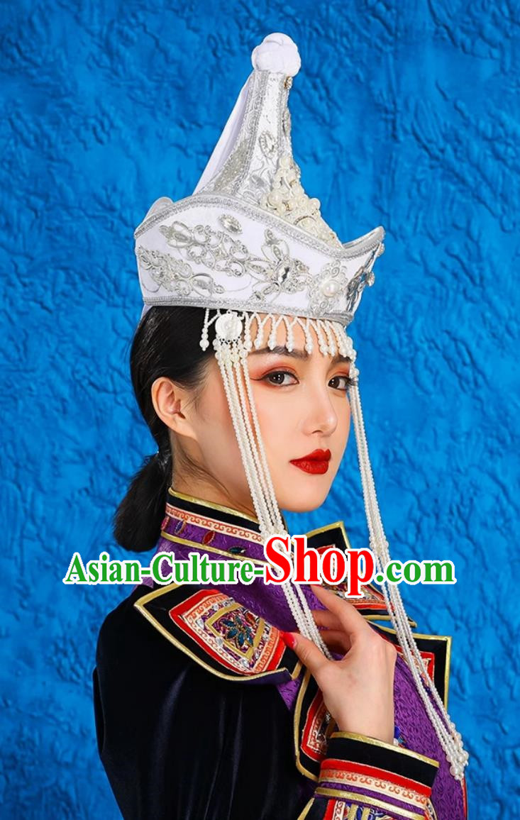 Mongolian Lady White Performance Hat Ethnic Dance Performance Headdress Wedding