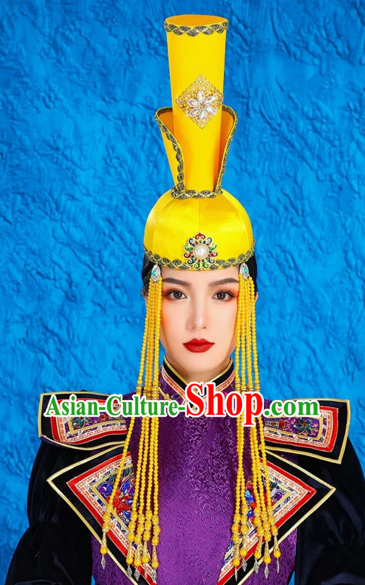 Mongolian Ladies Yellow Tall Hat Minority Style National Style Classical Tiara Catwalk Headwear