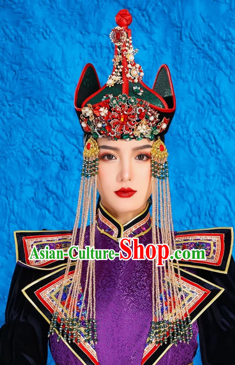 Mongolian Hat Bridal Headwear Ethnic Minority Catwalk Style Hat Green