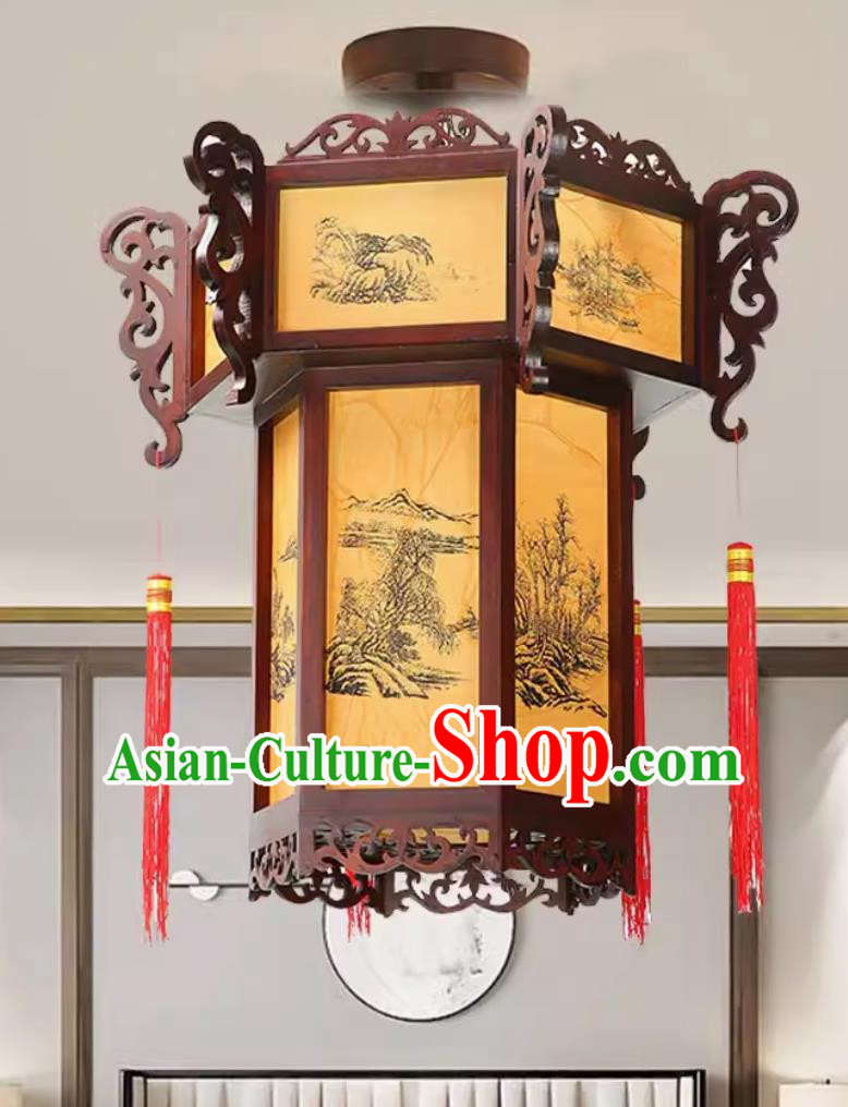 55cm Antique Palace Lantern Chinese Style Solid Wood Hexagonal Palace Lantern Yellow Sheepskin New Year Lantern