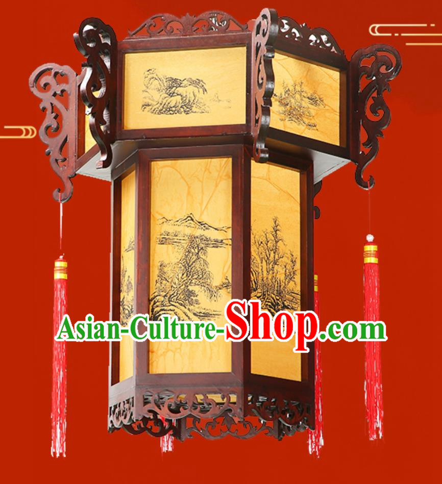 55cm Antique Palace Lantern Chinese Style Solid Wood Hexagonal Palace Lantern Yellow Sheepskin New Year Lantern