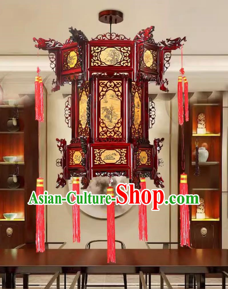 55cm Antique Palace Lantern Chinese Style Solid Wood Hexagonal Palace Lantern Yellow Sheepskin New Year Lantern