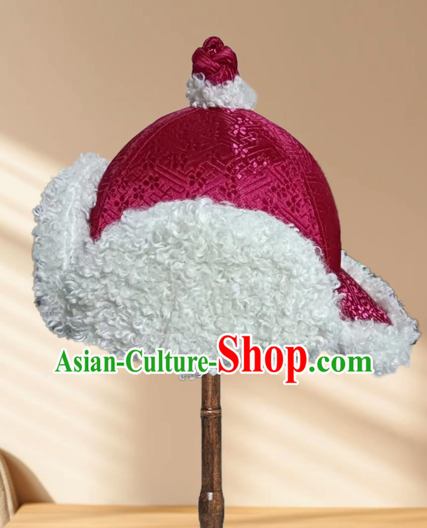 Pink Children Mongolian Fur Hat Ethnic Style Plus Cotton Hat Inner Mongolia Girl Lamb Wool Hat