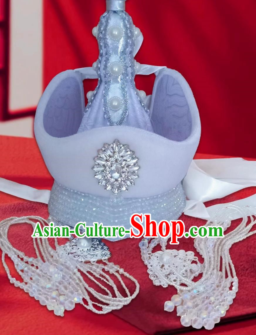 Ladies White Bright Diamond Mongolian High Hat Ethnic Style Wedding Bridal Tassel Headdress