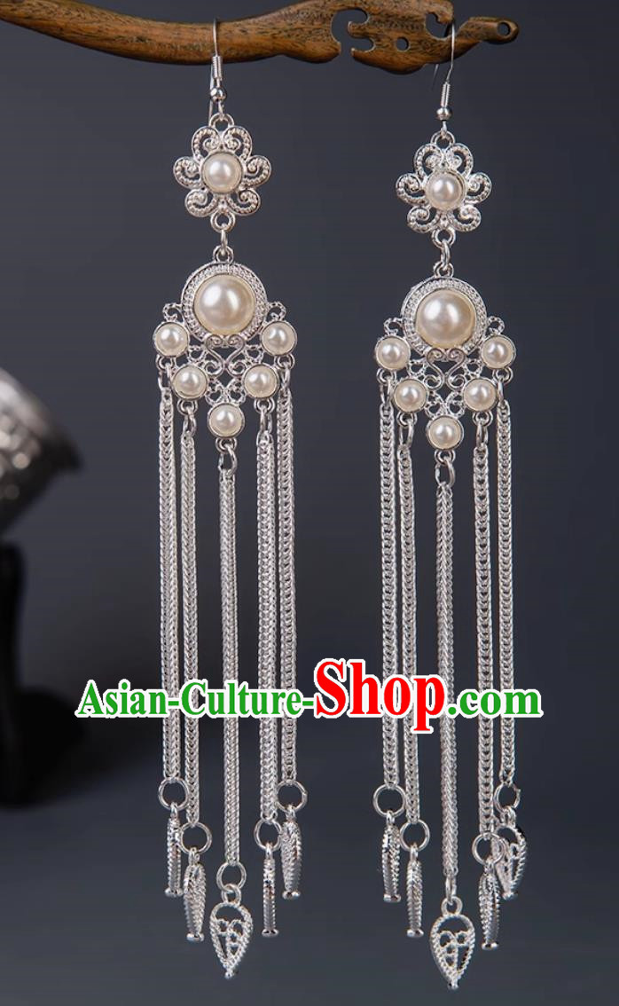 Earrings Mongolian Silver Jewelry Long Tassel Earrings Ethnic Style Dance Performance Accessories