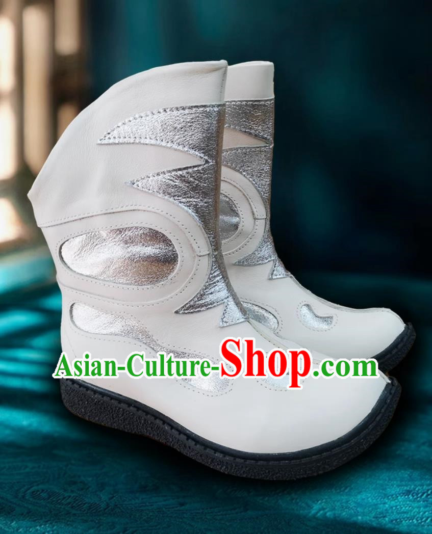 Silver White Children Mongolian Boots Autumn And Winter Ethnic Style Leather Boots Genuine Leather Martin Boots Knight Boots Dance Performance Boots