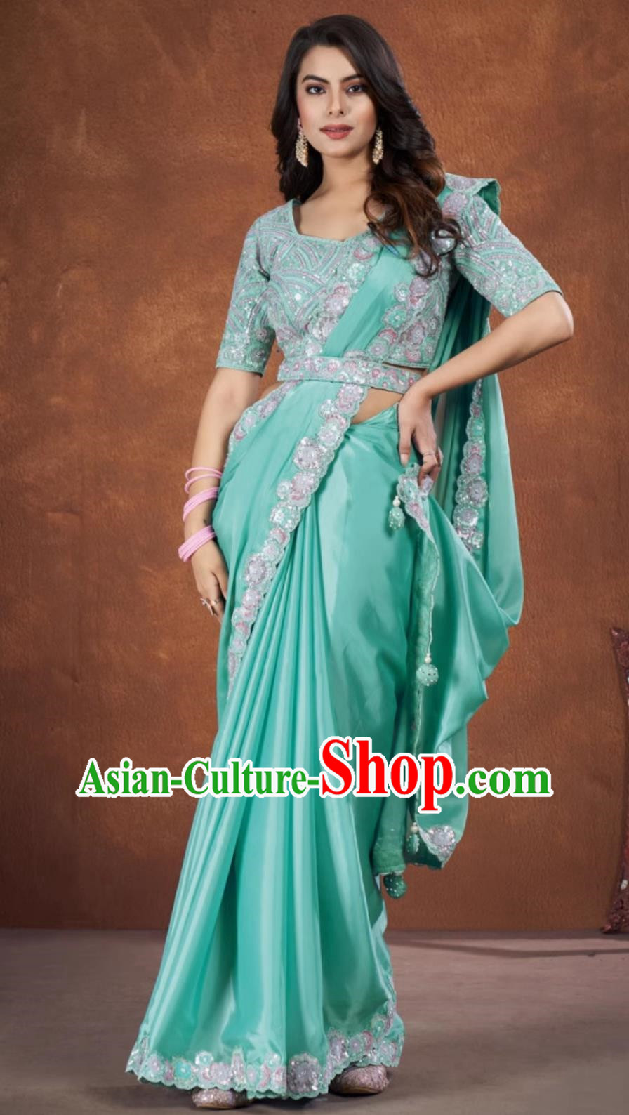 Green Embroidered National Indian Saree With Diamonds Features Traditional Festival Party Women Wrap Skirt Sari