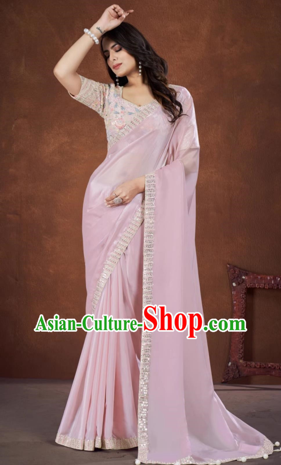 Light Pink Embroidered National Indian Saree With Diamonds Features Traditional Festival Party Women Wrap Skirt Sari