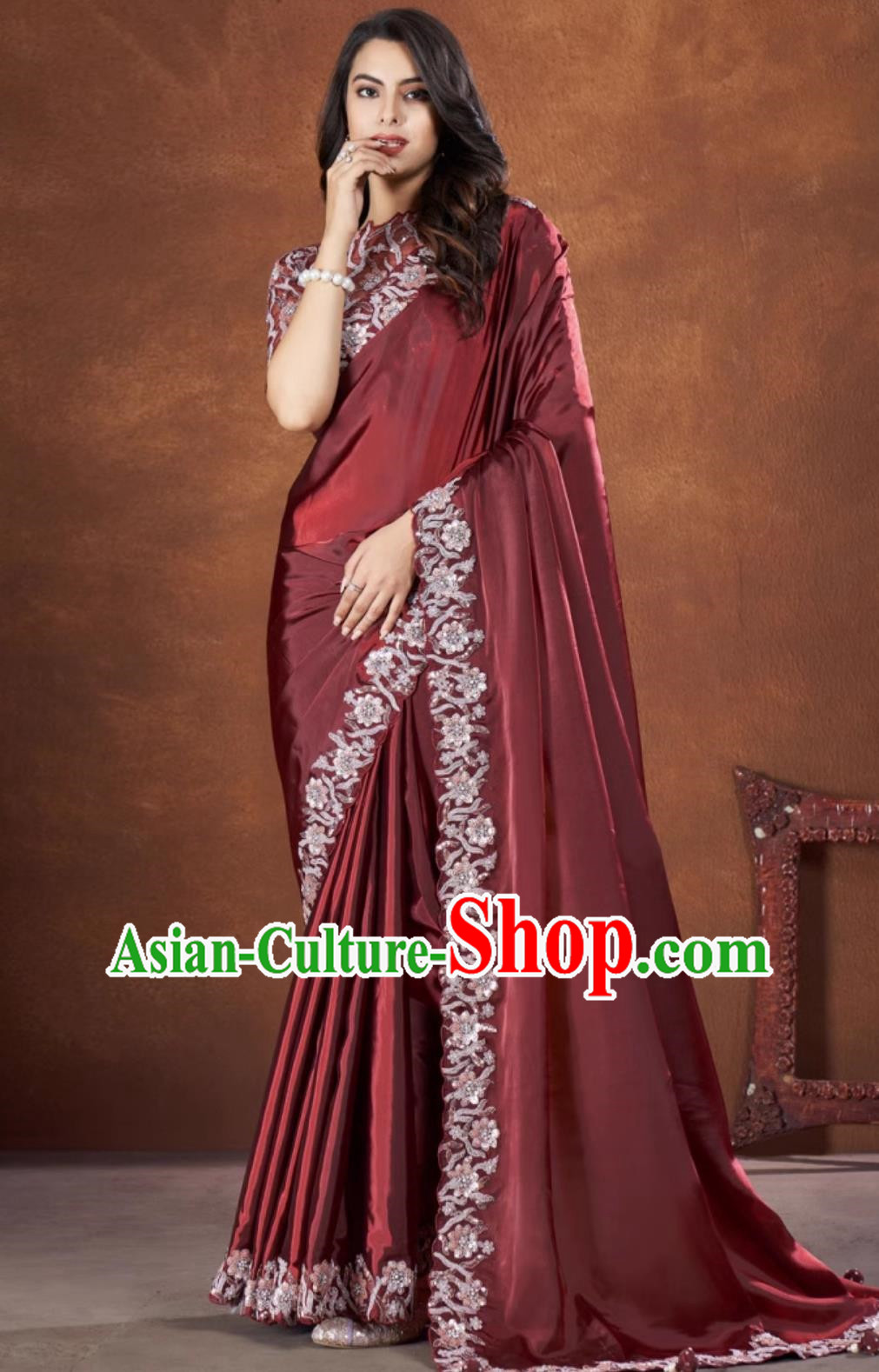 Maroon Embroidered National Indian Sari With Diamonds Features Traditional Festival Party Women Wrap Skirt Sari