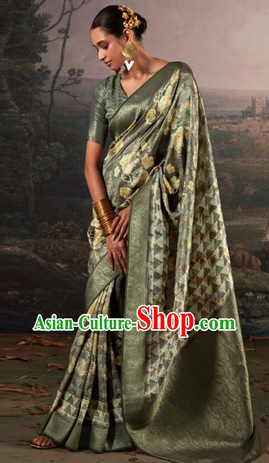 Green Indian Saree Features Traditional Silk Print National Ladies Wrap Skirt Sari Daily Festival Wear