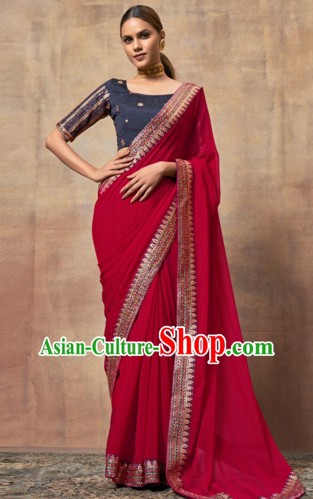 Indian Saree National Women Red Wrap Skirt Sari Embroidery