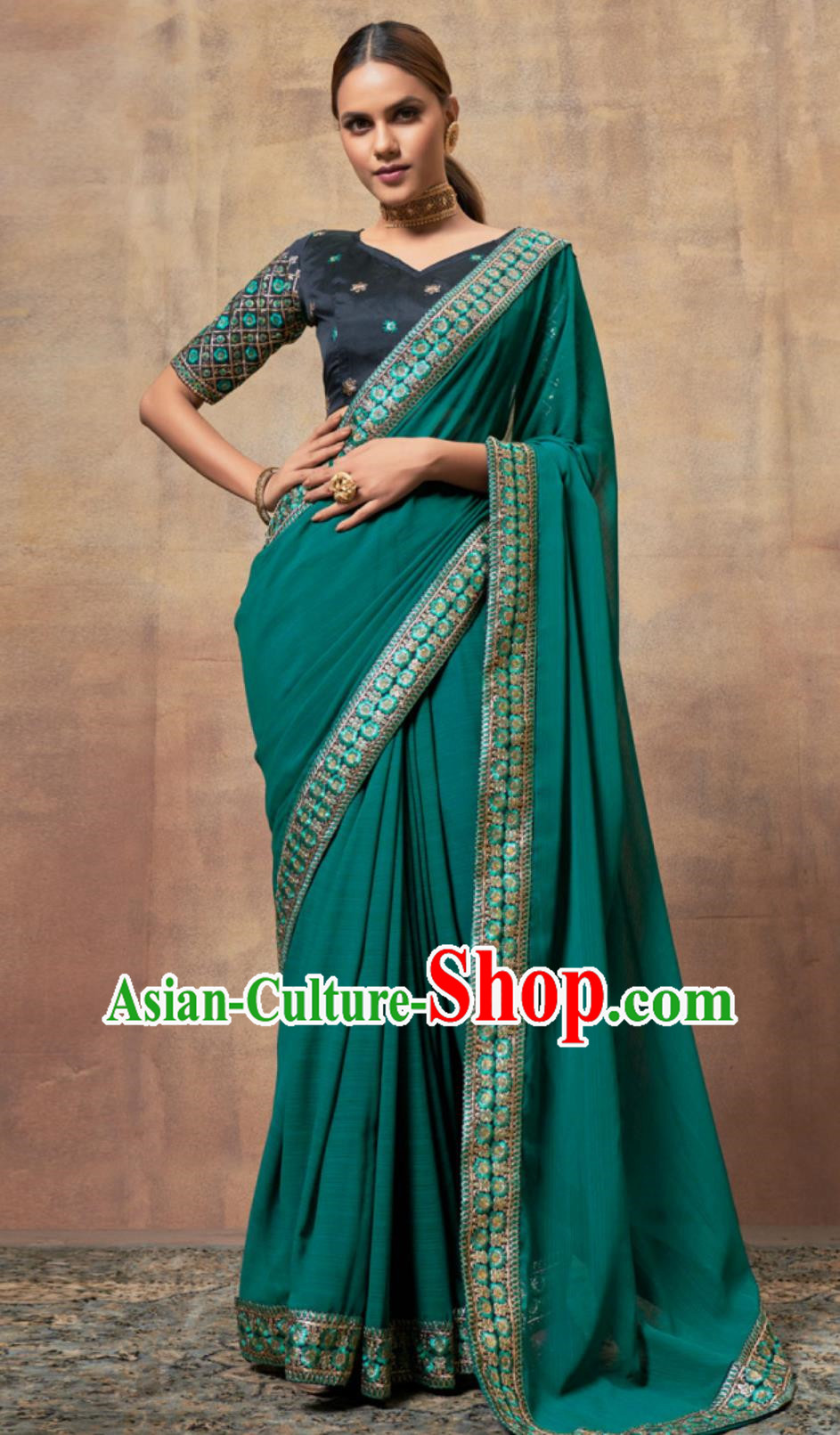 Indian Saree National Women Turquoise Green Wrap Skirt Sari Embroidery