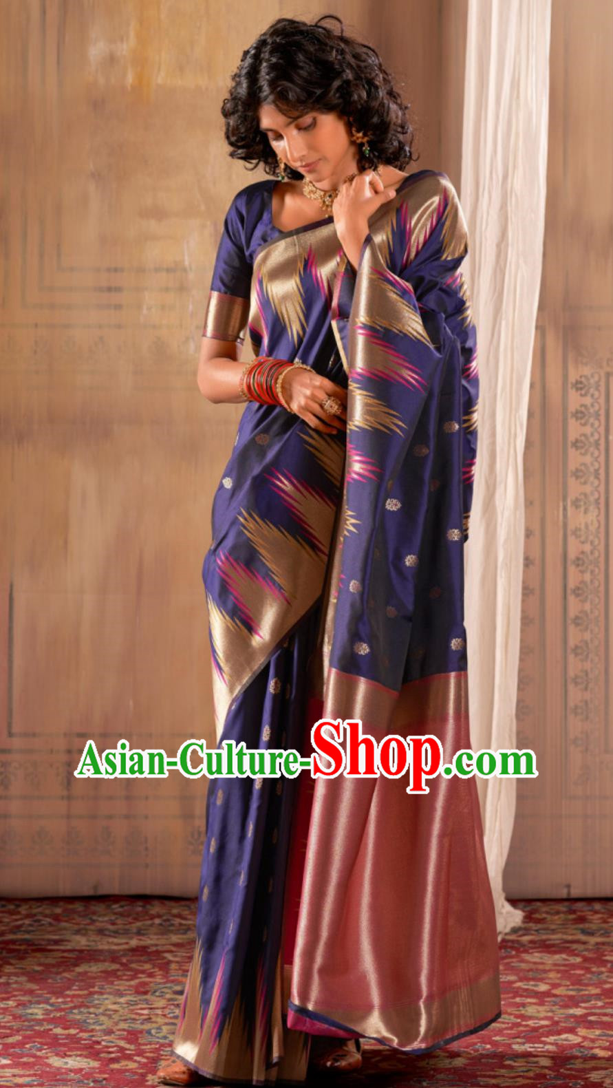 Navy Blue Indian Saree Silk Jacquard National Women Wrap Skirt Sari Traditional Festival Party Wear