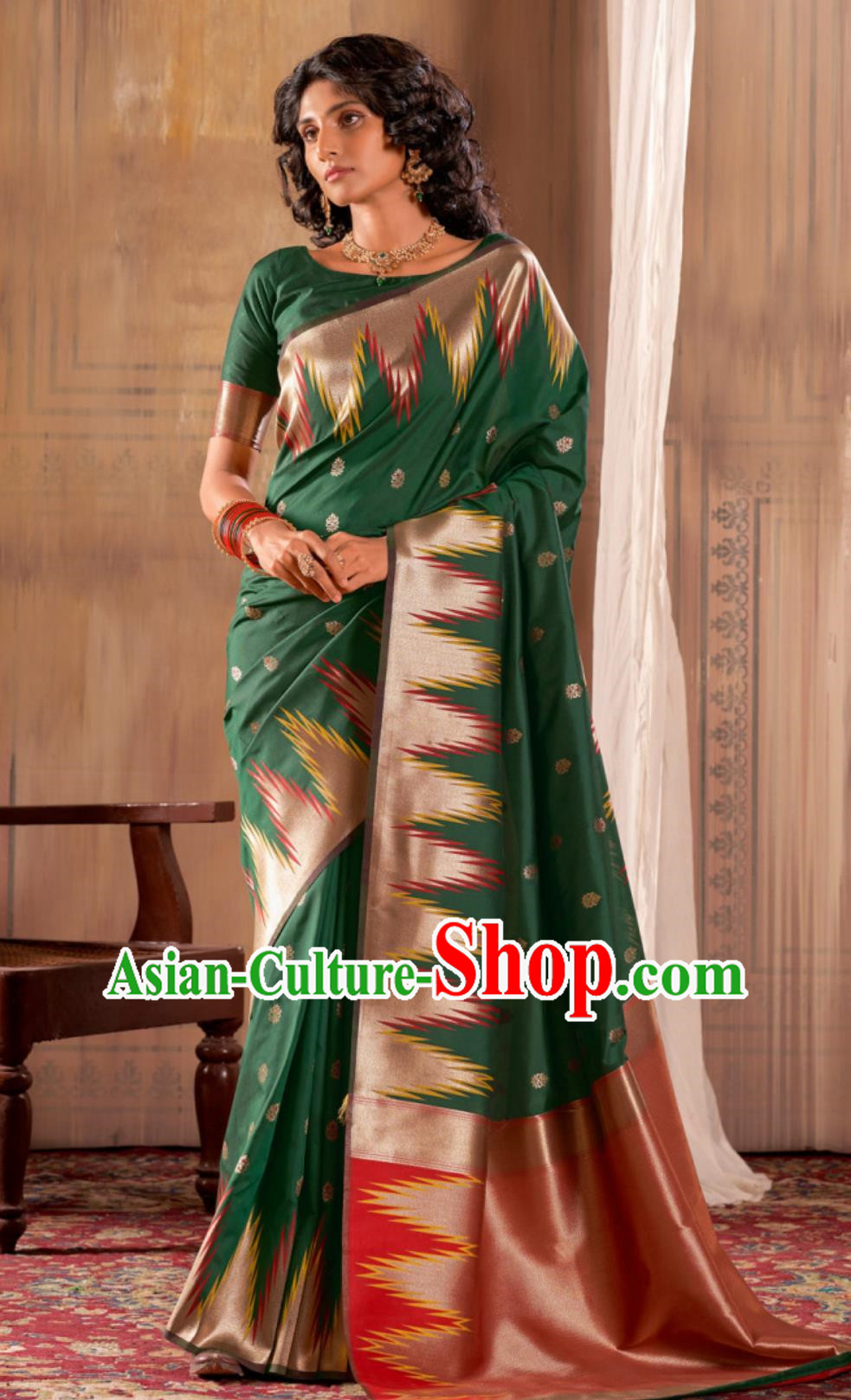 Dark Green Indian Saree Silk Jacquard National Women Wrap Skirt Sari Traditional Festival Party Wear