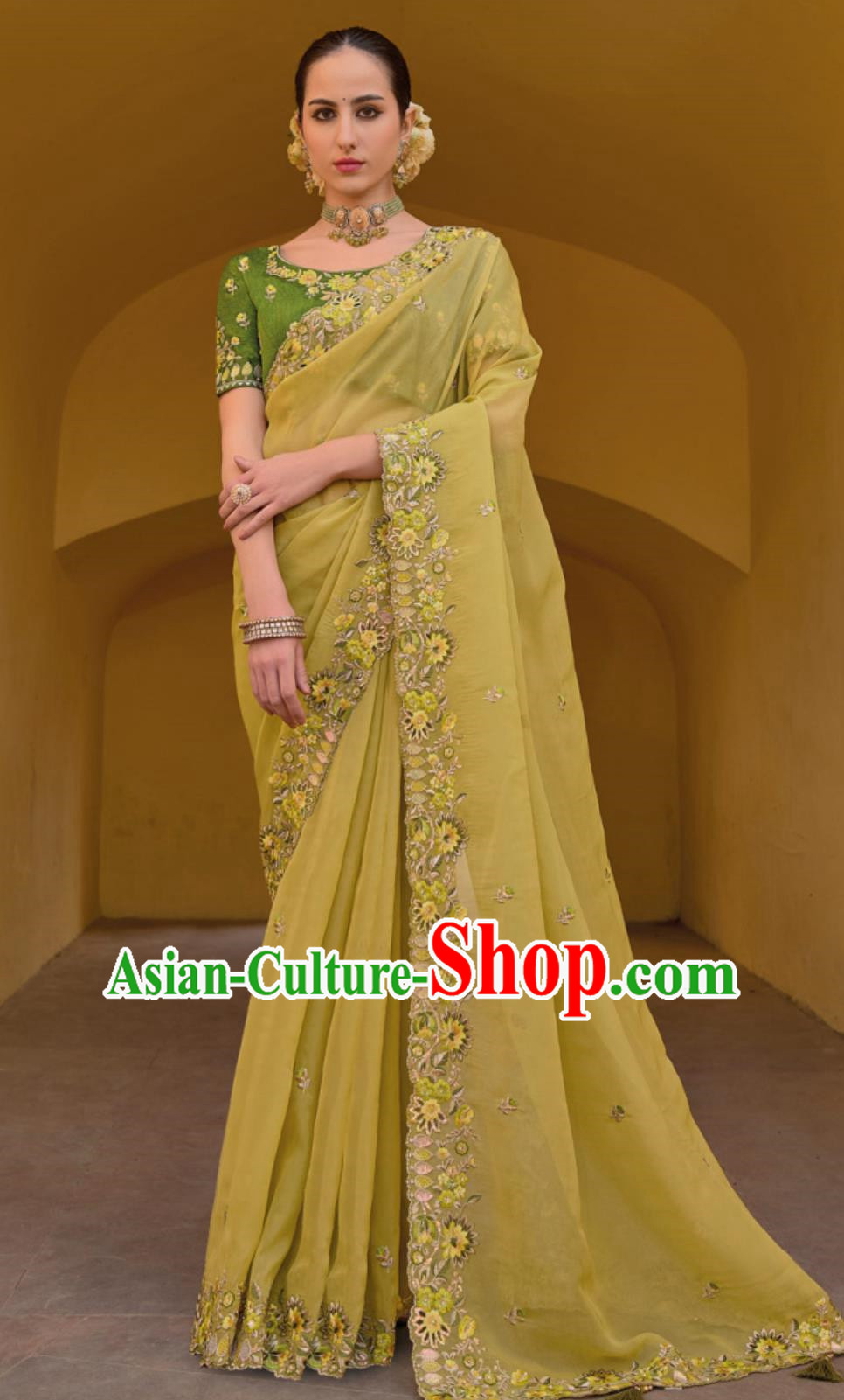 Hollow Embroidery Indian Saree National Women Yellow Wrap Skirt Sari Festival Party Outfit