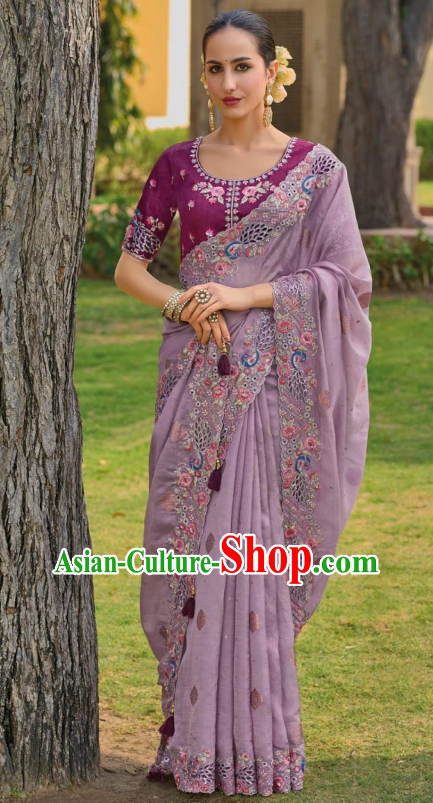 Hollow Embroidery Indian Saree National Ladies Violet Wrap Skirt Sari Festival Party Outfit