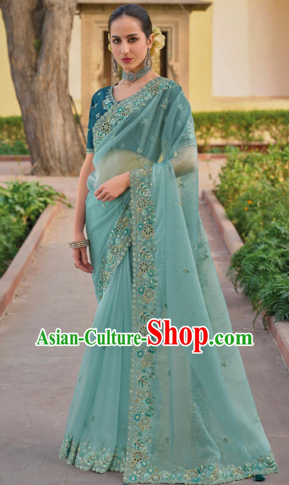 Hollow Embroidery Indian Saree National Ladies Sky Blue Wrap Skirt Sari Festival Party Outfit