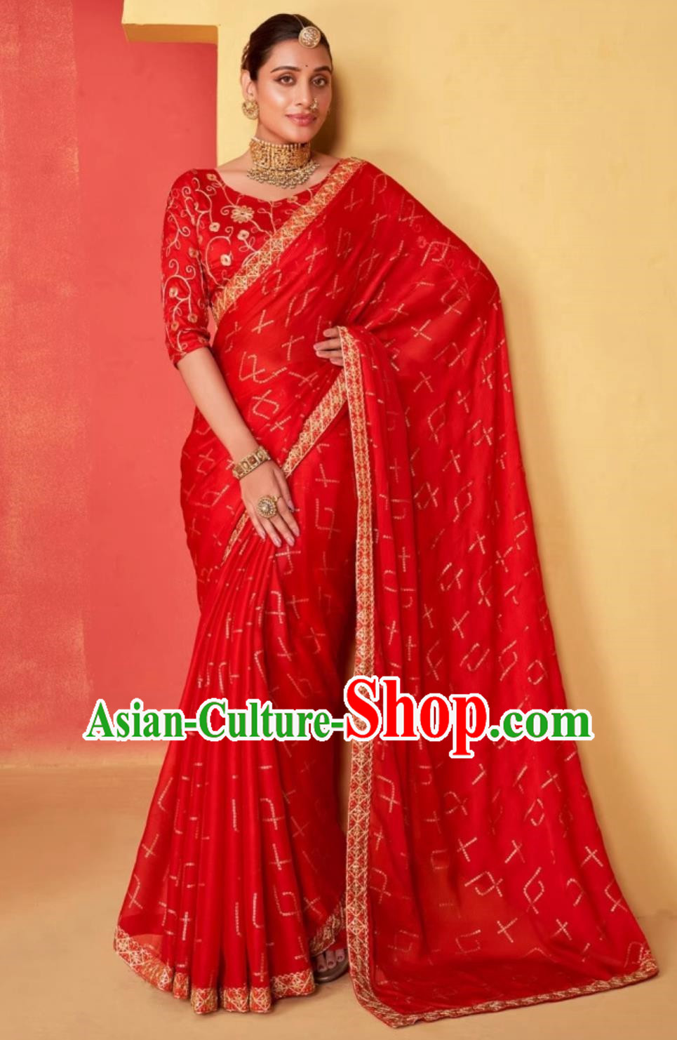 Big Red Chiffon Embroidered National Indian Saree Wedding Festival Party Wrap Dress