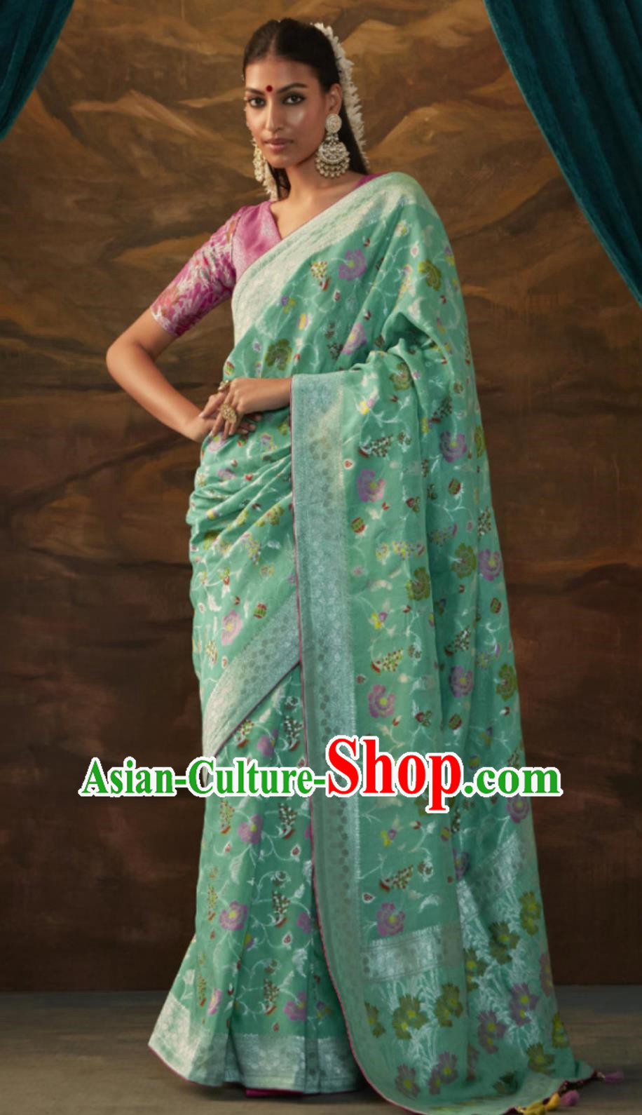 Sea Green Indian Saree National Women Wrap Skirt Sari Dress High End Silk Jacquard Clothing