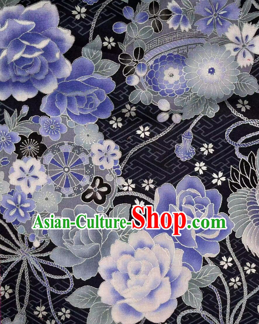 Black Traditional Japanese Fabric Classical Peony Crane Pattern Fabric