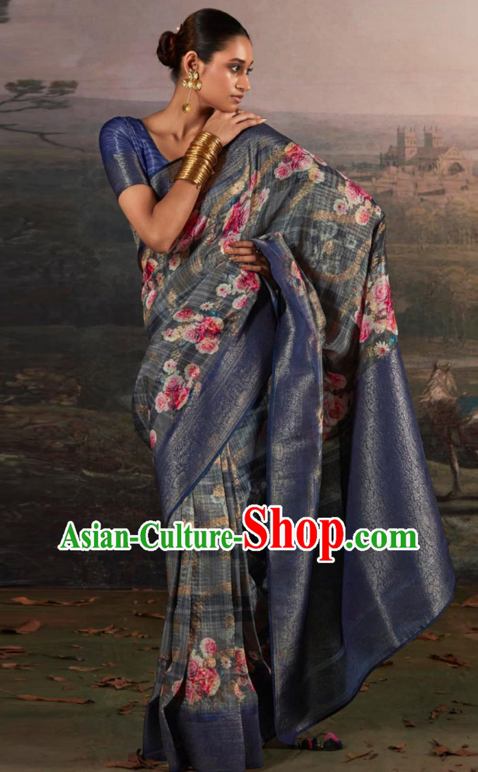 India Traditional Costume Women Dark Blue Sari Dress Indian National Clothing