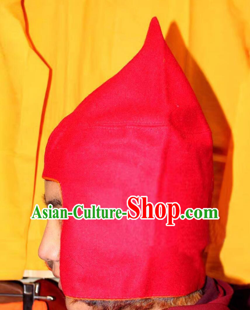 Traditional Tibetan Monk Red Woolen Hat Handmade Xizang Lama Headwear