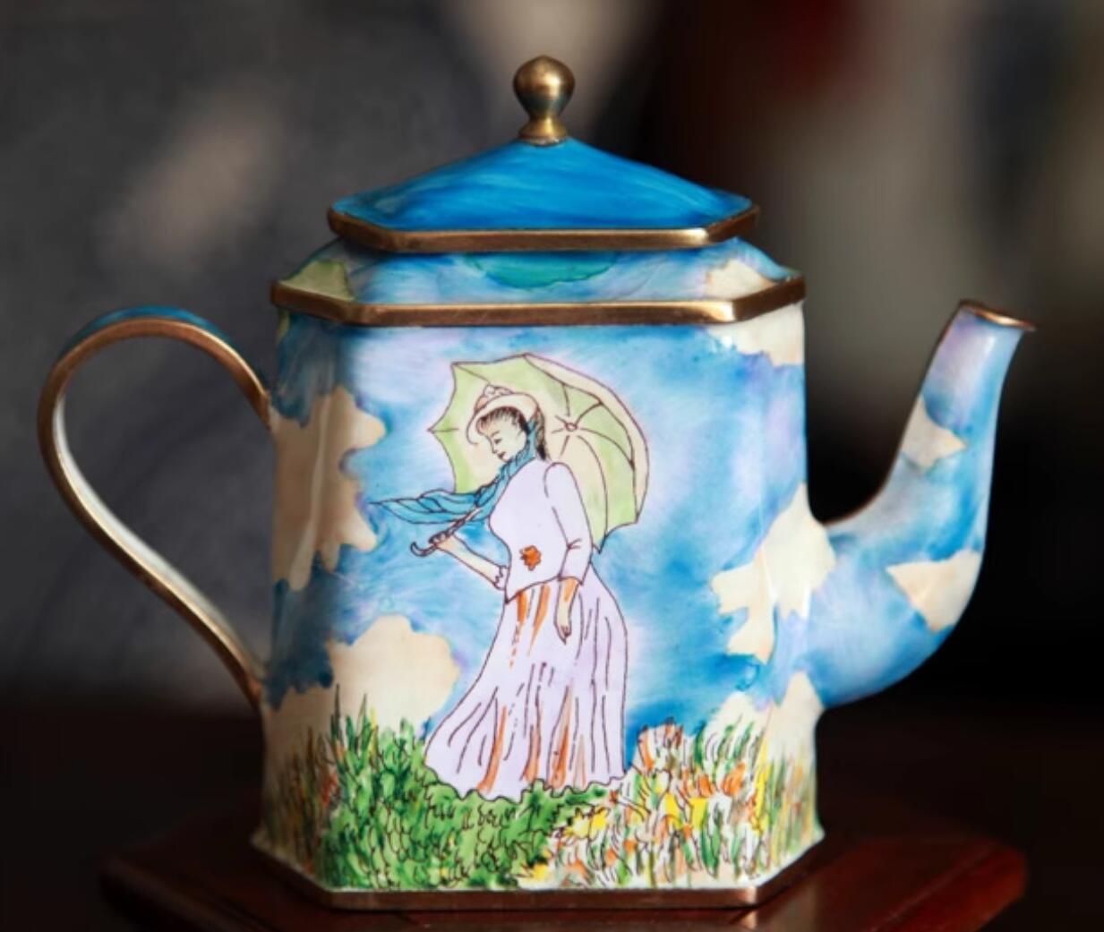 Chinese Hand Painted Enamel Craft Cloisonne Teapot Collection Beautiful Girl